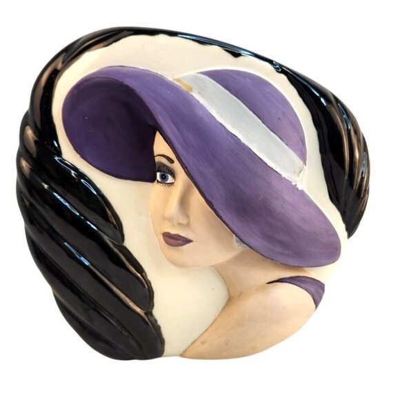 Decorative Ceramic Vase With Lady In Purple Hat Art Deco Style - Picture 3 of 7